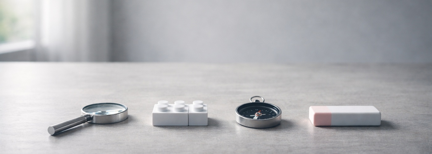 Lupa, pieza de Lego, brújula y goma de borrar — las cuatro estrategias de iteración: refinar, ampliar, redirigir y corregir